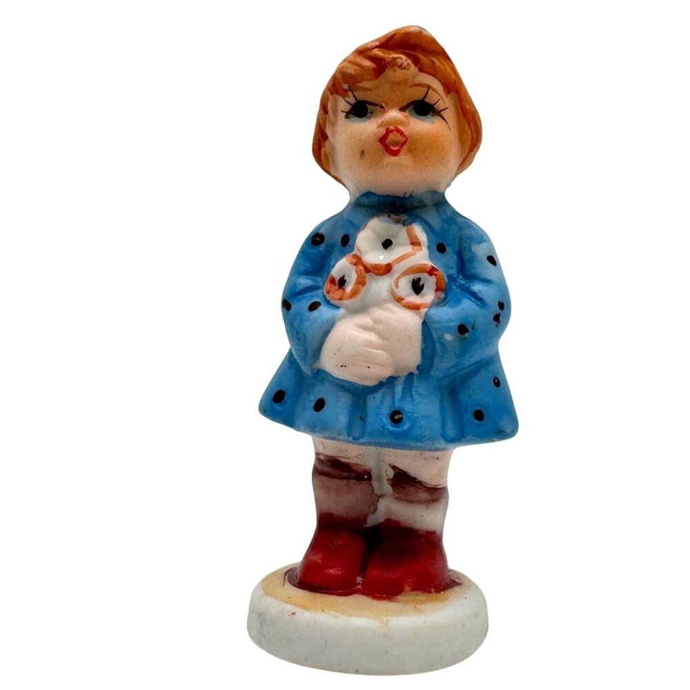 Vtg Ceramic Porcelain Girl Figurine With Flowers Blue Dress Unmarked 2.25" 1950s
